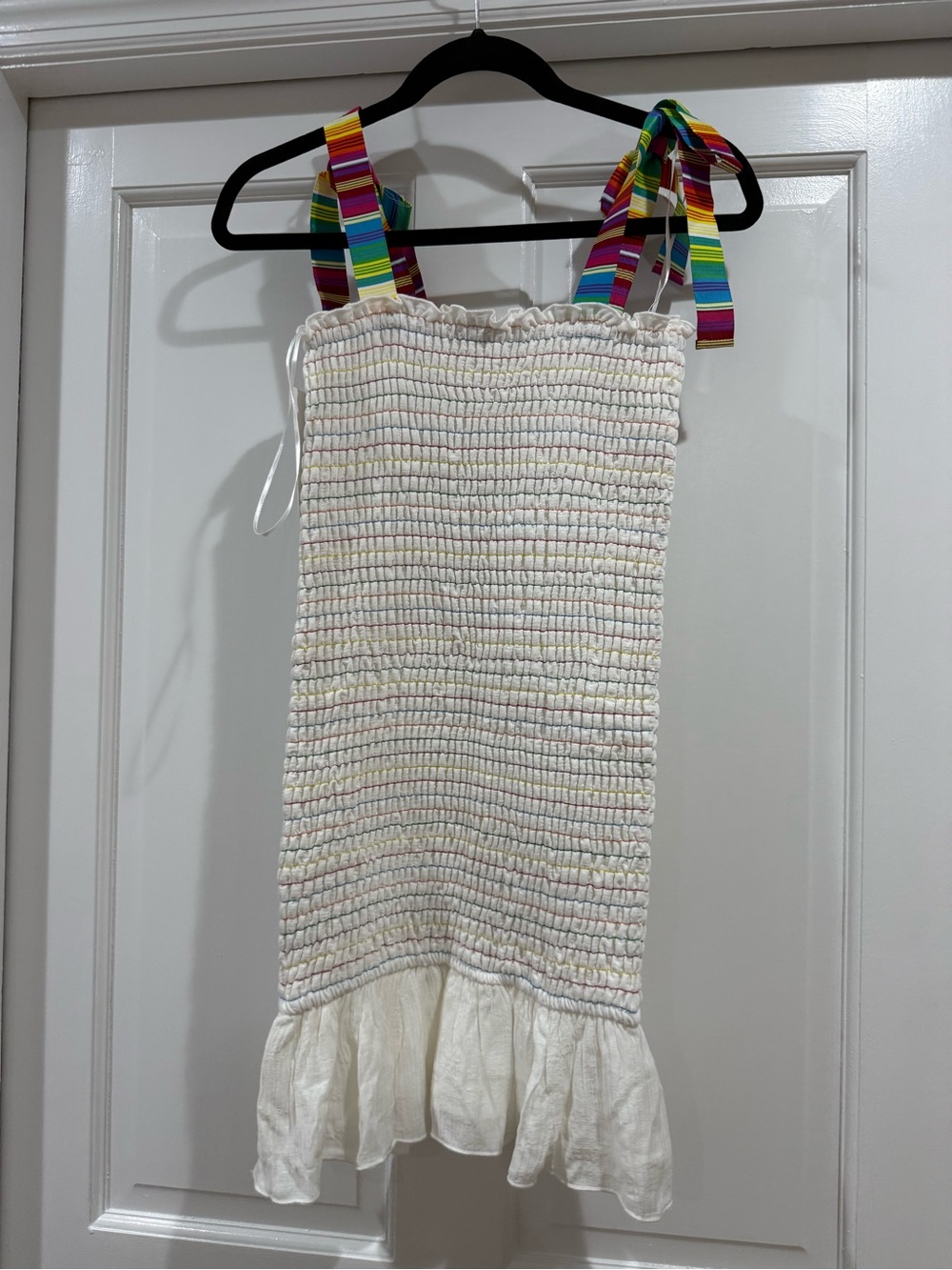 Aura White Smocked Dress with Rainbow Tie Straps from Red Dress Small - Picture 2 of 6